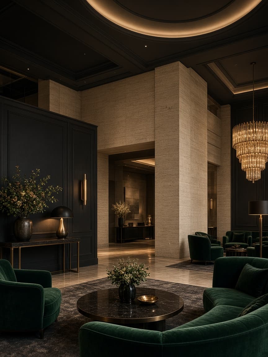 Westmere Collection lobby with forest green seating, limestone walls and warm bronze lighting