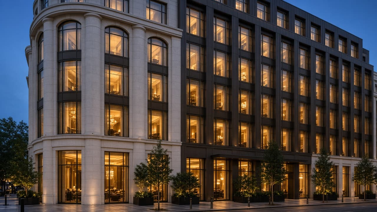 Westmere Collection exterior at blue hour with warm interior light